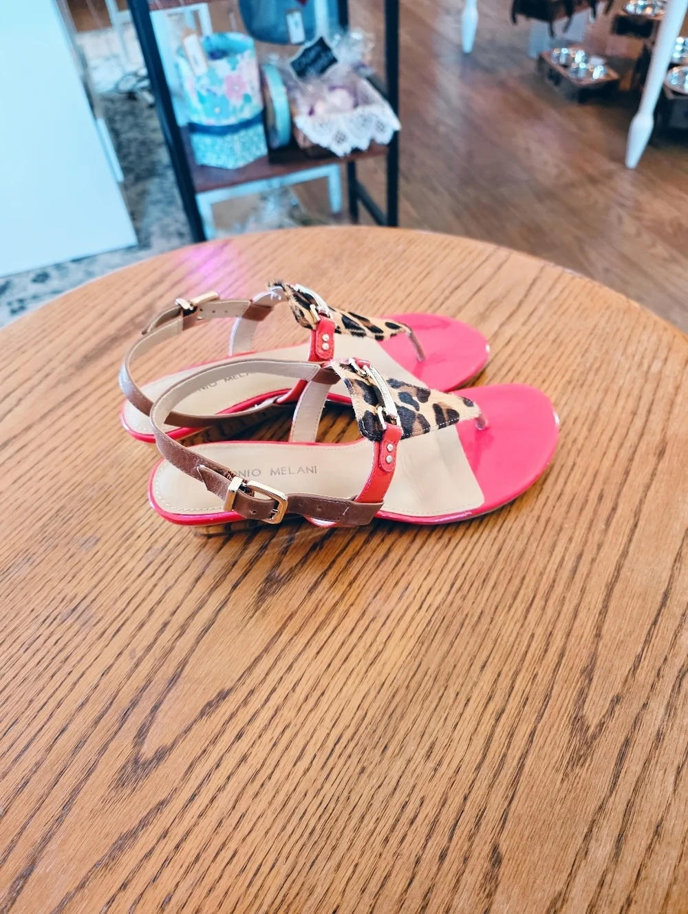 Antonio Melani Leopard Calf Hair Red Patent Sandals 6.5 Gold 1.5